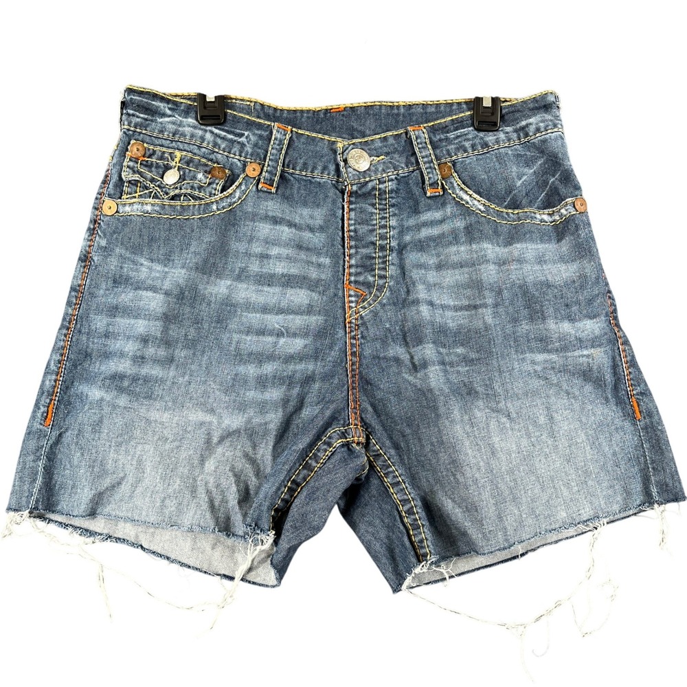 True Religion Denim Swim Shorts Mens 34 Blue Contrast Stitch Mesh Lined Raw Hem